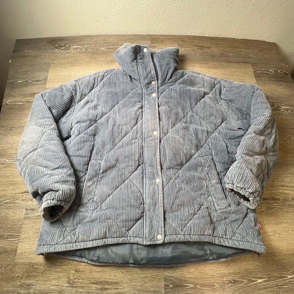 Levi's Corduroy Puffer Jacket Womens XXL Blue Diamond Quilted Funnel Neck Coat
